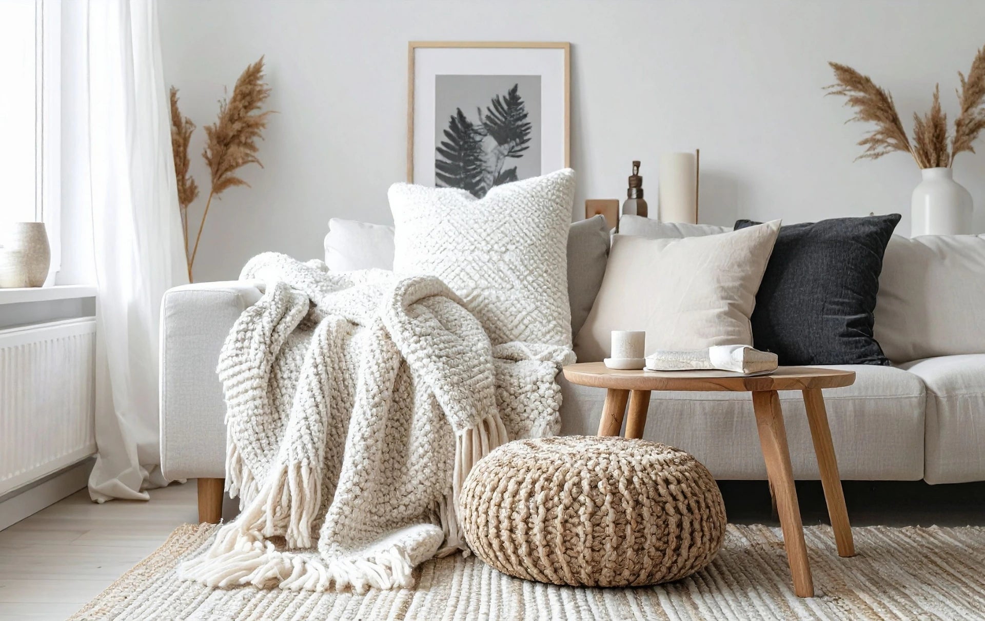 A cozy living room scene with a light gray sofa styled with cream and dark gray pillows, a chunky cream knit throw blanket draped over the arm, a round woven pouf, and a small wooden side table.