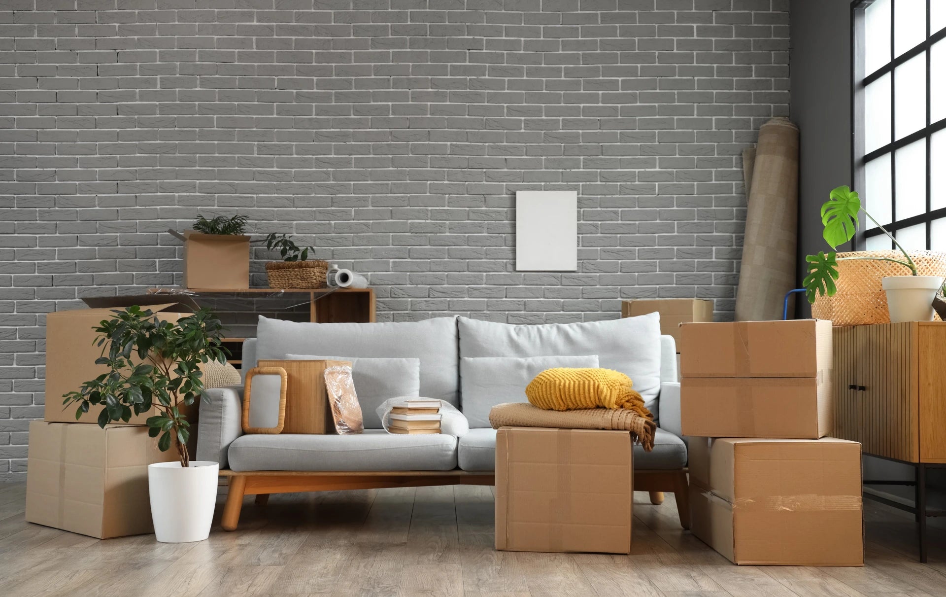 A modern living room setup with a light gray sofa, surrounded by cardboard moving boxes, potted plants, and a gray brick wall background.